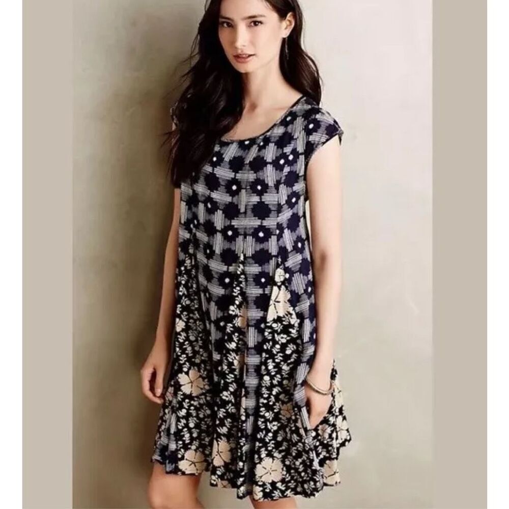 Anthropologie Navy and Cream Floral Mixed-Print Mini Dress